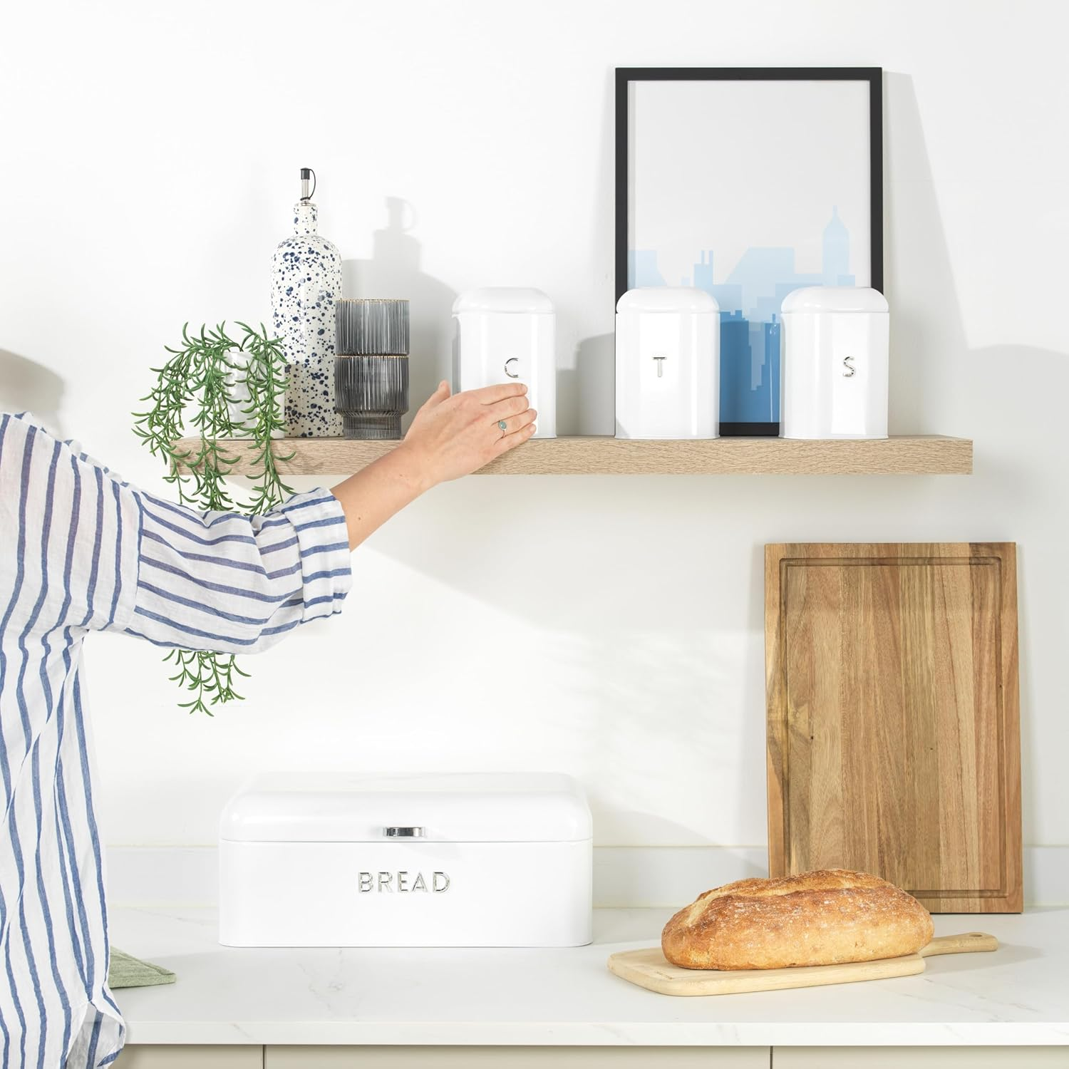 Salter Boston Bread Bin &ndash; Large Bread Storage Container, Embossed Lettering, Store Bread, Pastries, and Bagels, Durable Steel, Easy to Clean, Long-Lasting Freshness, Ice White Shimmer Finish image number 2