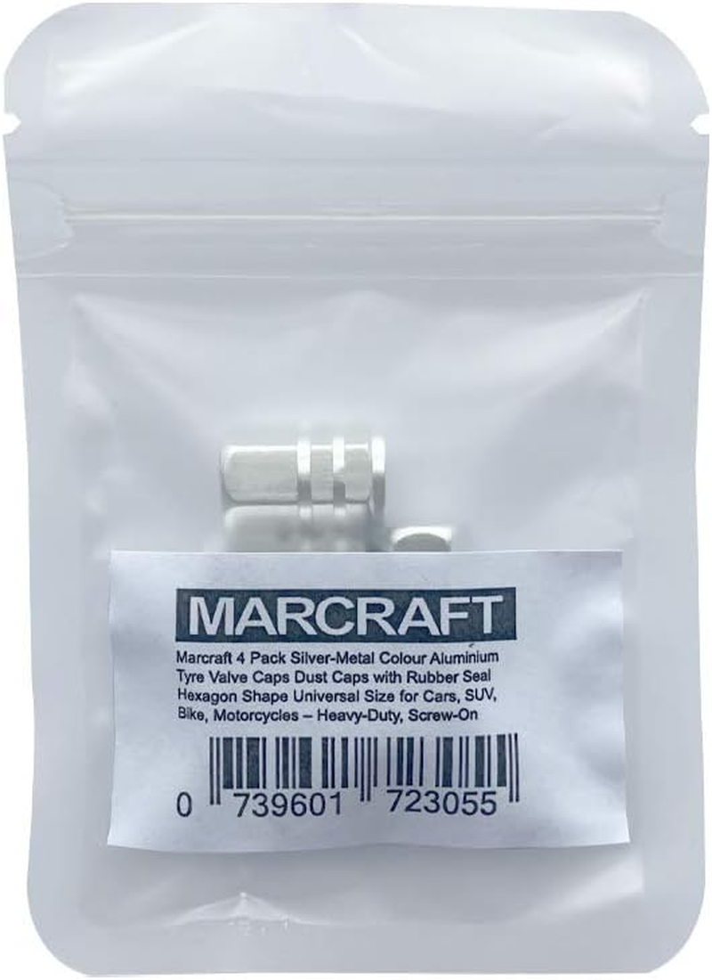 Marcraft Silver Metal Tyre Wheel Alloy Valve Caps Dust Caps (4 Pack) Universal for Cars, Suvs, Bicycles, Motorcycles, Trucks | Heavy-Duty Rubber Airtight Seal | Hex Shape Aluminium Alloy | Screw-On image number 2