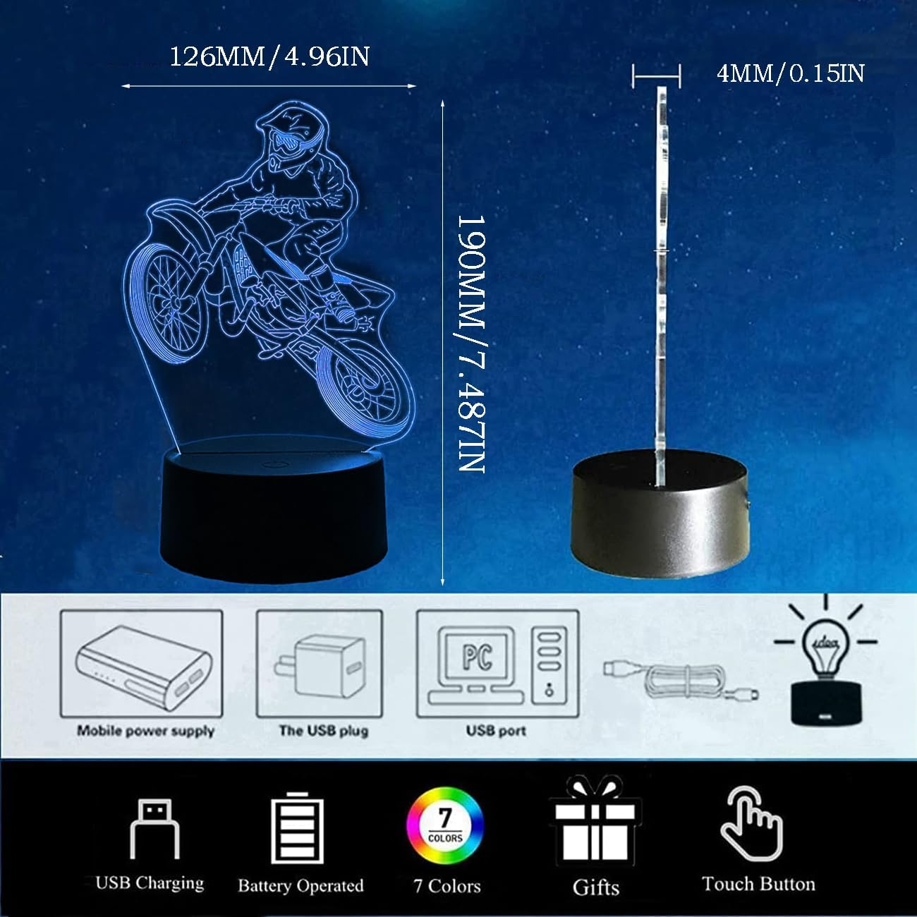 BIRBANN Motorcycle Lamp, 7 Colours Variable Touchable 3D Lamp, for Children'S Room, Motorcycle Decoration, Gifts for Motorcyclists image number 2