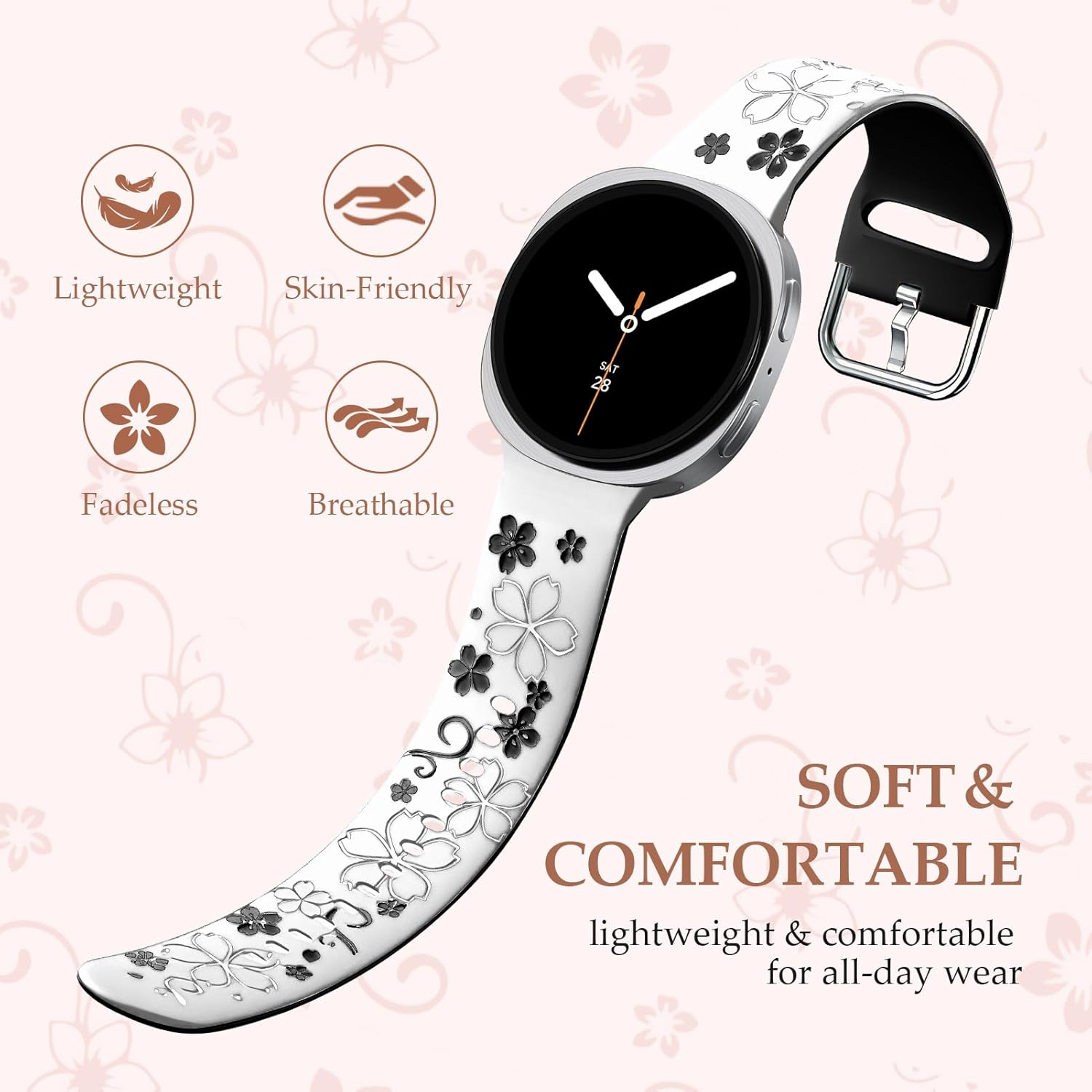 Flower Engraved Strap for Samsung Galaxy Watch 8 40Mm 44Mm/Galaxy Watch 8 Classic 46Mm Band Women,No Gap Soft Cute Floral Silicone Two-Tone Wristband - 01-Black Pink image number 7