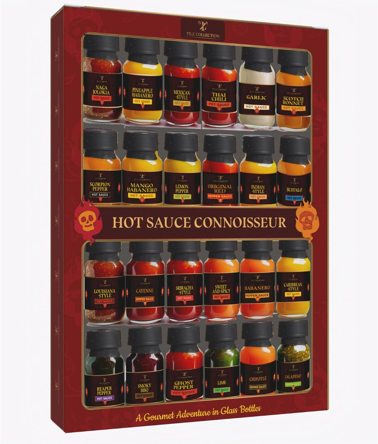 Tilz, Hot Sauce Gift Sets |24 Hot Sauce Bottles, Sampler, Chilli Sauce, Food Gifts for Men |Sriracha, Jalapenos, Garlic, Cayenne Pepper, ⁠Scotch Bonne, ⁠BBQ, Chipotle |Christmas Gifts Men, Women