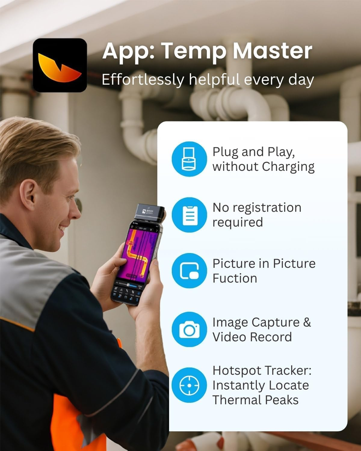 Thermal Camera for Android & Ios, P3 Thermal Imaging Camera with 512&times;384 IR Resolution, 26.3G Lightweight, 8Mm Macro Lens, -20℃~600℃, for Electrical, HVAC & Automotive Inspection image number 2