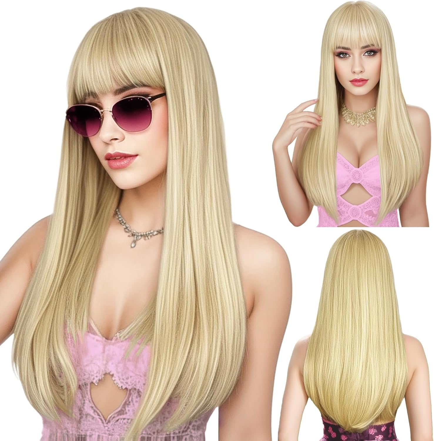 ENTRANCED STYLES Blonde Wig with Bangs, Long Straight Wigs for Women Natural Hair Wigs Synthetic Blonde Wigs for Girls Daily Party Halloween Cosplay Wig 22 Inch