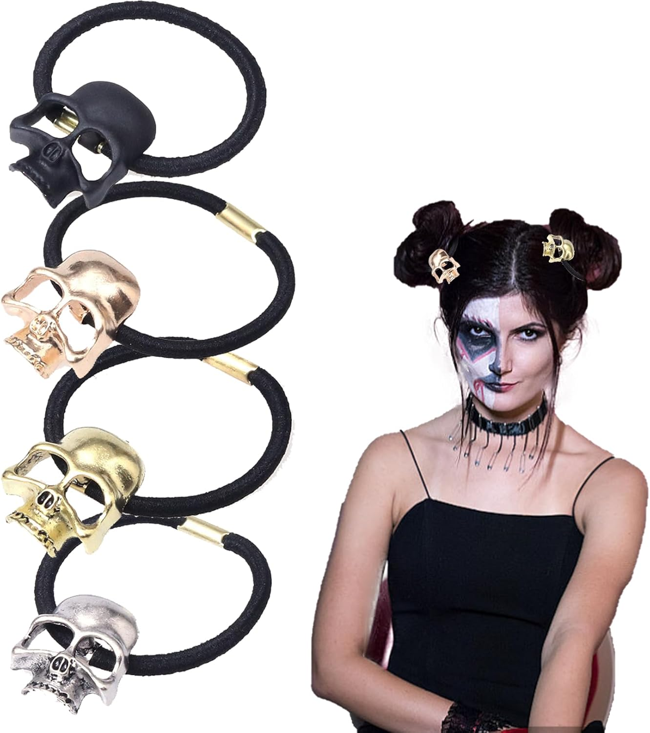 Halloween Skull Hair Ties for Thin Thick Hair,4Pcs Metal Skull Black Hair Elastics Scrunchies No Damage Hair Ropes Ponytail Holders Gothic Halloween Hair Accessories for Womens Girls Cosplay Costume image number 1