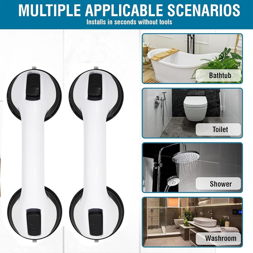 2 Pack Grab Bars for Bathtubs and Showers, 12Inch Heavy Duty Shower Handle Suction Shower Bar, Safety Removable Bars for Shower Chair, Bathroom Grab Bar for Senior，No Drilling Removable