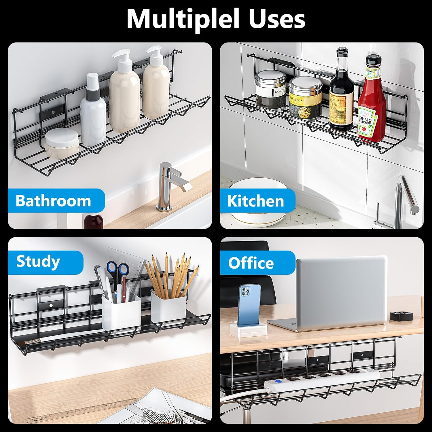Under Desk Cable Management Trays, 2 Pack Metal Cable Tray , under Desk Cord Management Rack, Wire Tray Desk Cable Organizer, 34In Cable Basket, 2X L17 W4.1 H4.7In, Black image number 1