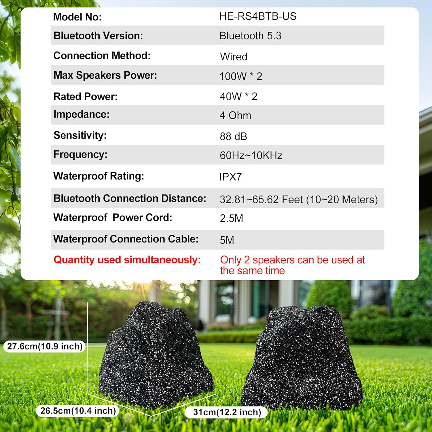 Herdio Outdoor Rock Bluetooth Speakers IPX7 Waterproof 200 Watt Resin Material All Weather for Deck Pool Backyard Patio Garden BBQ (1 Pair) image number 6