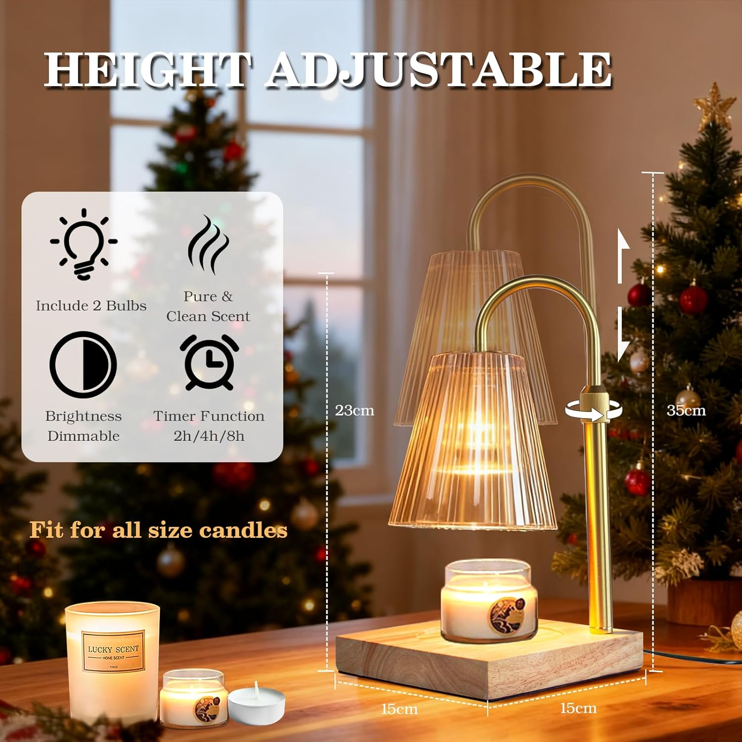 Koncle Candle Warmer Lamp with Timer Dimmable, Modern Champagne Glass Shade Table Lamp, Scented Candles Warmer with 2 GU10 Bulbs for Home Decor(Wooden Base) image number 4