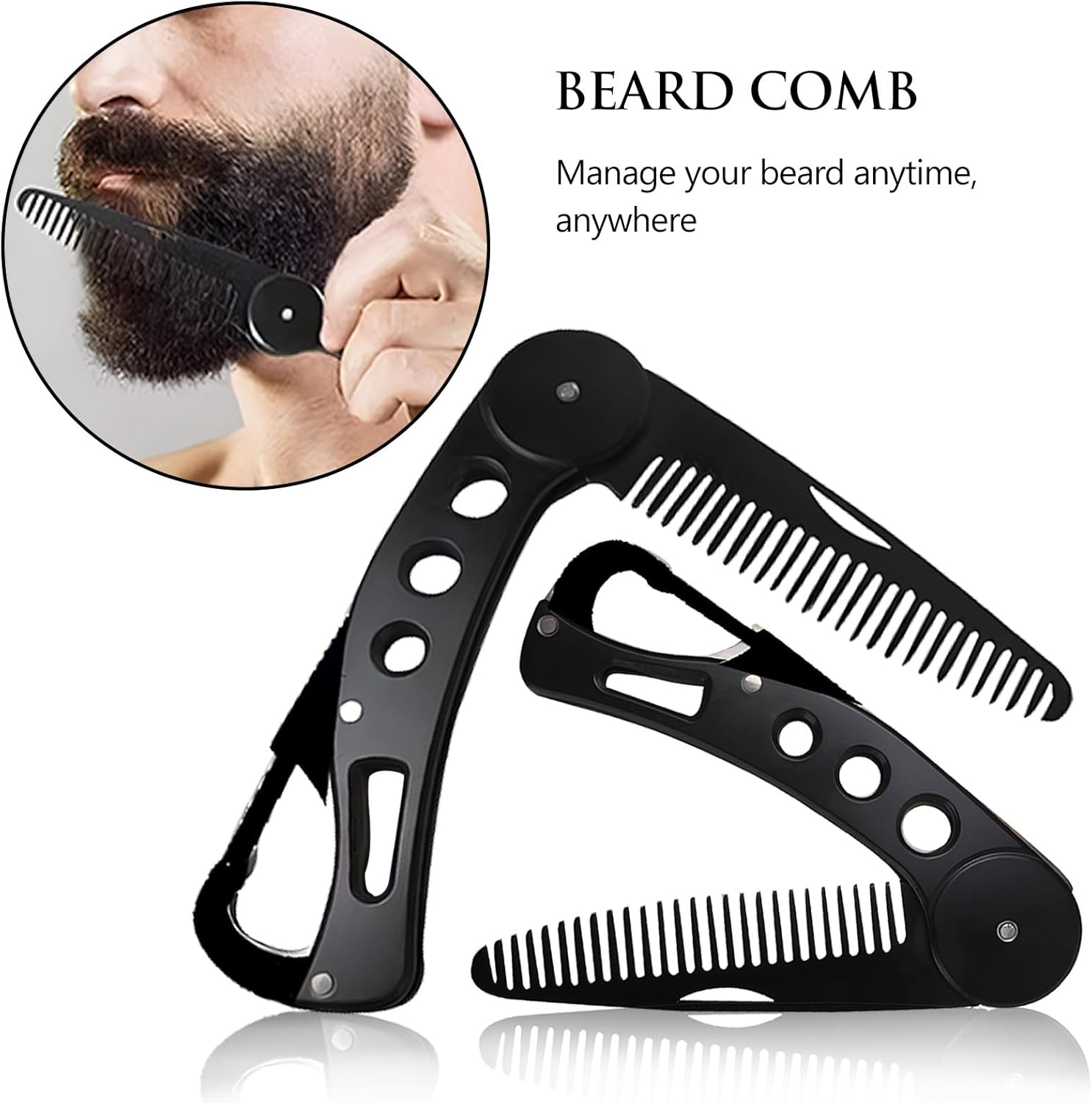 Kootinn Stainless Steel Folding Beard Comb - Portable Multifunction anti Static Comb with Leather Cover for Men Grooming, Combing Hair, and Mustache Styling image number 2