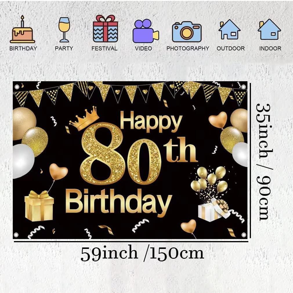 Tecreo 80Th Birthday Decorations Happy 80Th Birthday Backdrop Black Vinyl 150Cm X 90Cm image number 2