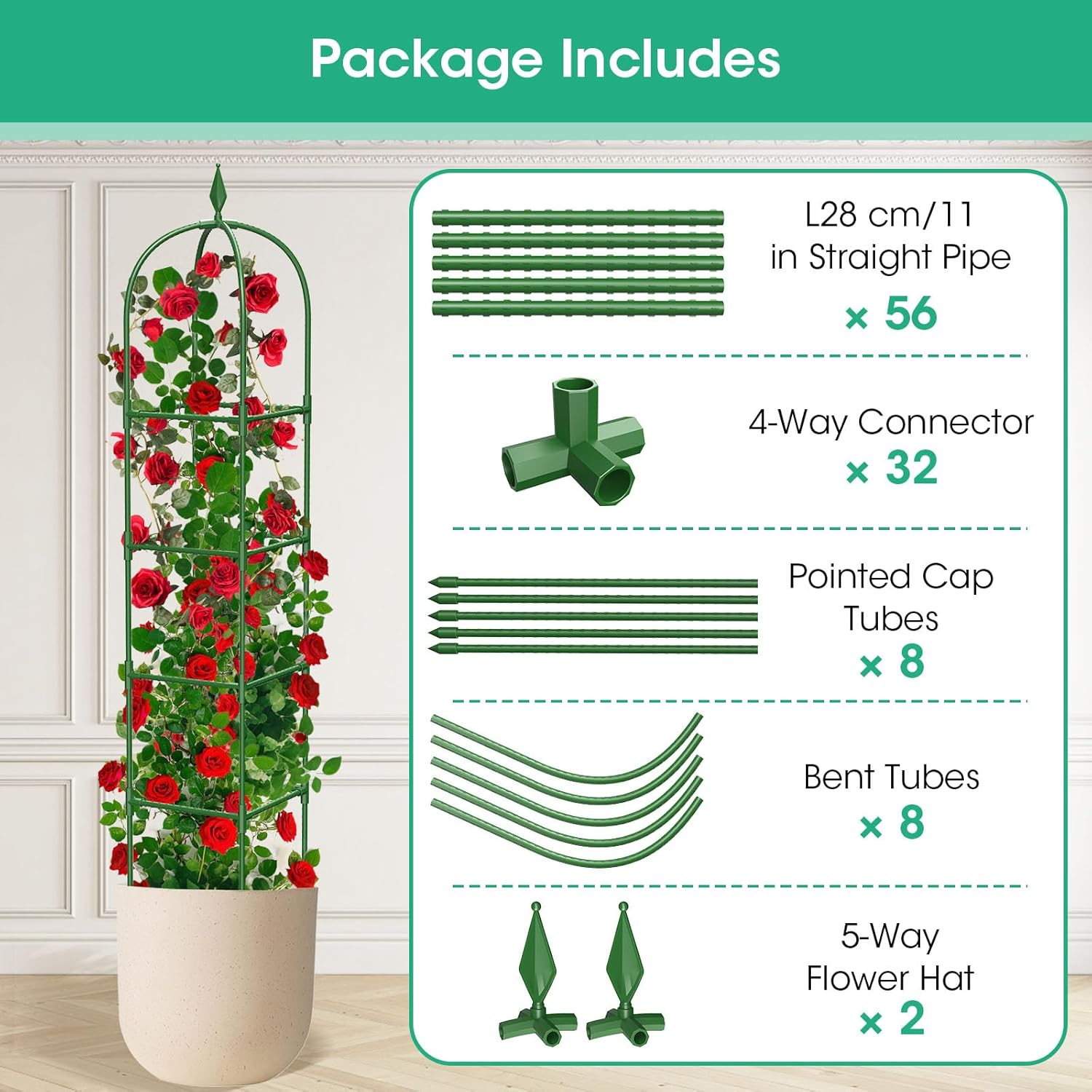 2 Pack Garden Obelisk Trellis for Climbing Plants, 70.87" Metal Rustproof Plant Support Rose Trellis, Tower Potted Cages for Flowers Fruits Vegetable Vines Indoor & Outdoor, Green(4 Tiers) image number 3