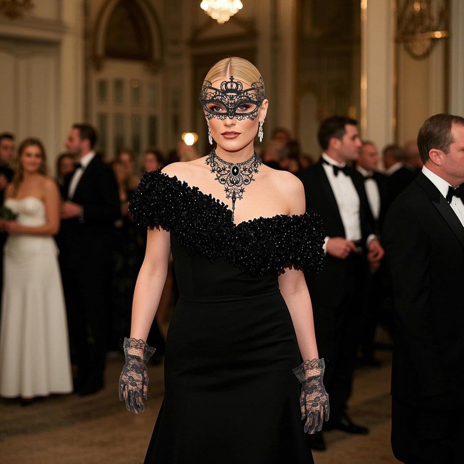 6 Pcs Masqueraders Mask Set Black Lace Eyemask Necklace Gloves Costume Accessories Party Halloween Jewelry for Women image number 3