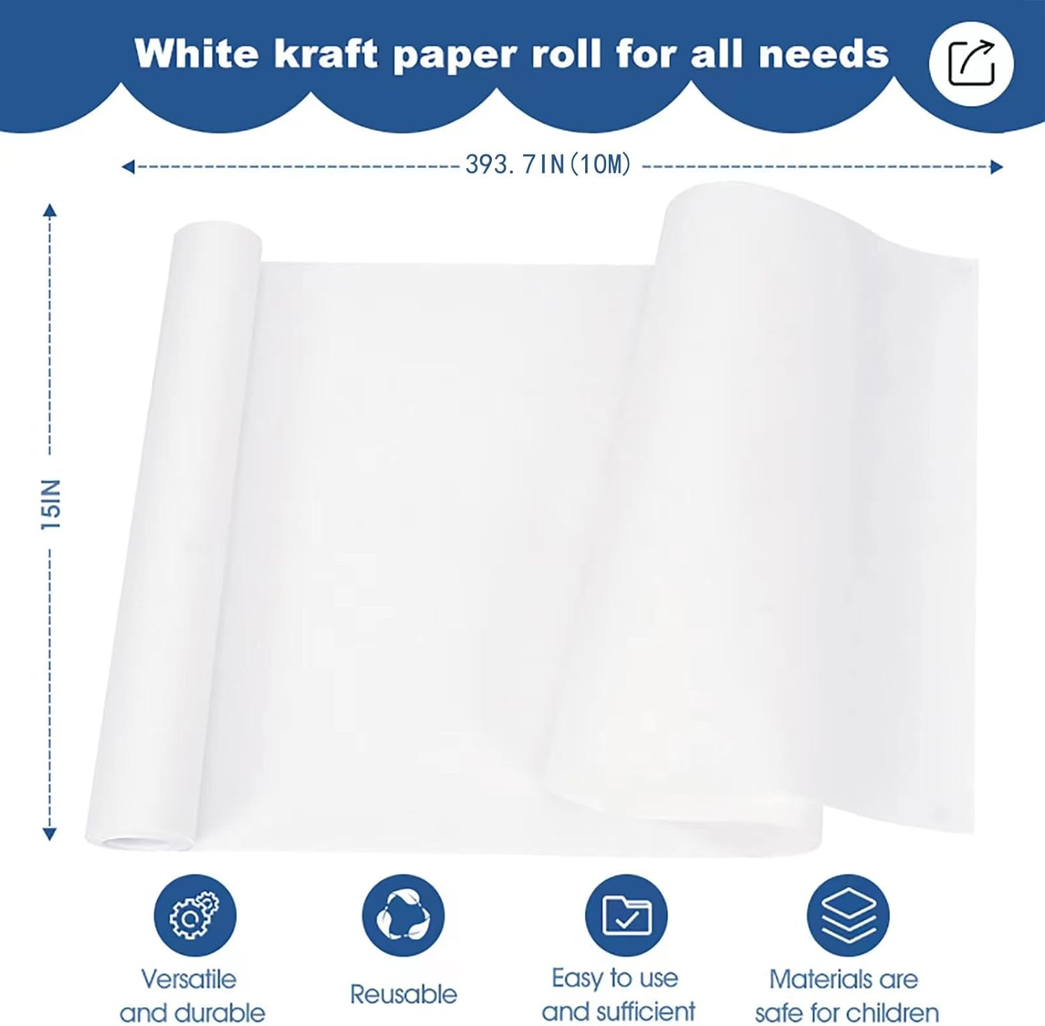 Roll of Paper for Kids Art-White Butcher Paper Roll-For Gift Wrapping, Children'S Art, Handmade, Children'S Creation (10M) image number 2