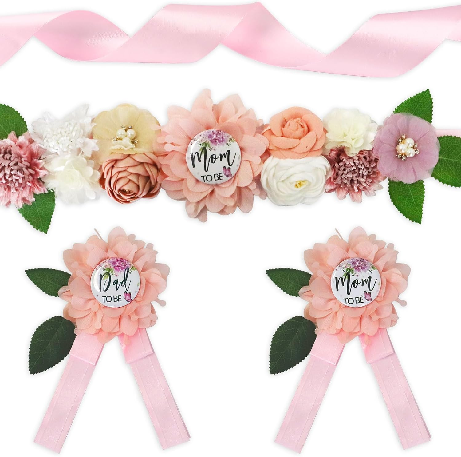 Pink Butterfly Maternity Sash Corsage Set &ndash; Baby Shower Floral Belly Band