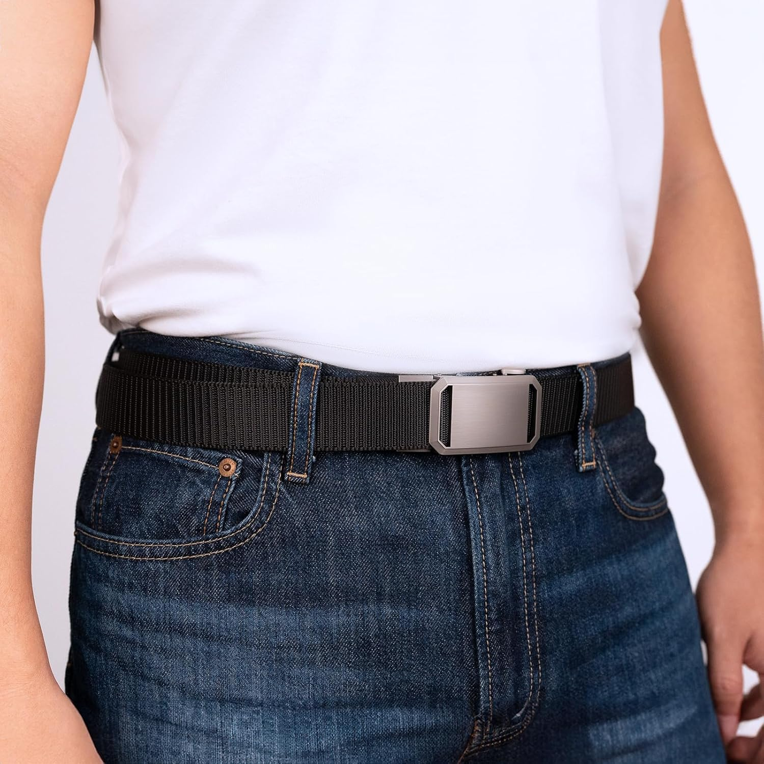 Men'S Elastic Nylon Belt with Heavy-Duty Automatic Metal Buckle, Quick-Dry Adjustable Cut-To-Fit Belt for Business & Casual, 130Cm Length, Fits 70-117Cm Waist image number 3