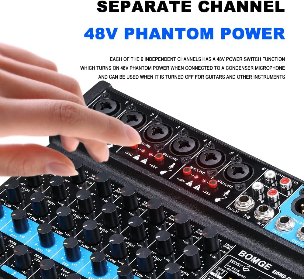 BOMGE 8 Channel Mini Audio Mixer Line Mixer, DC 5 V, with MP3 Player, Bluetooth, U Disk 48 V, 24DSP Effects, USB Recording Ideal for Small Clubs or Bars, Studio Recording (8 Channels-Black) image number 3