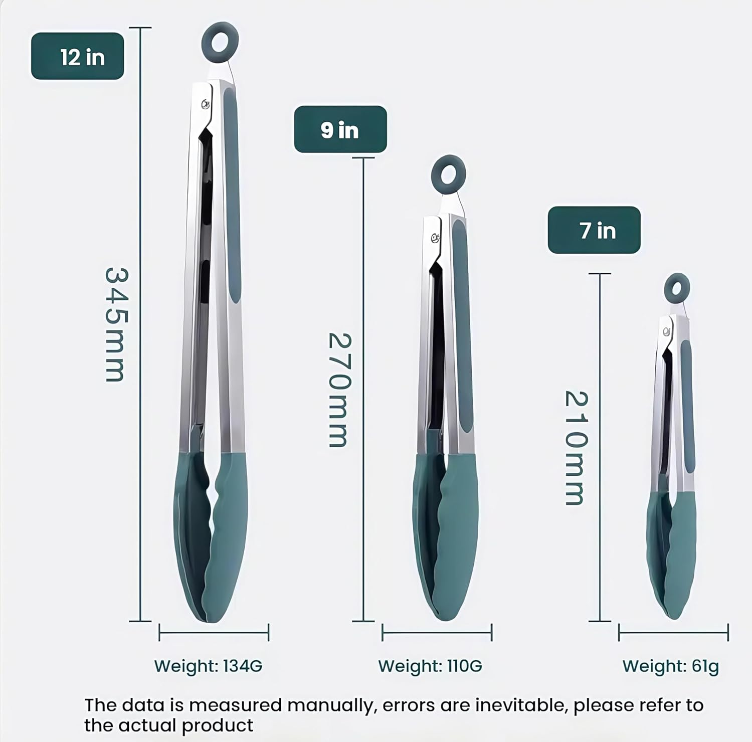 Kitchen Tongs Set of 3, Heat Resistant 250&deg;C, Stainless Steel with Silicone Tips, 21/26/32 Cm, Grey-Green image number 2