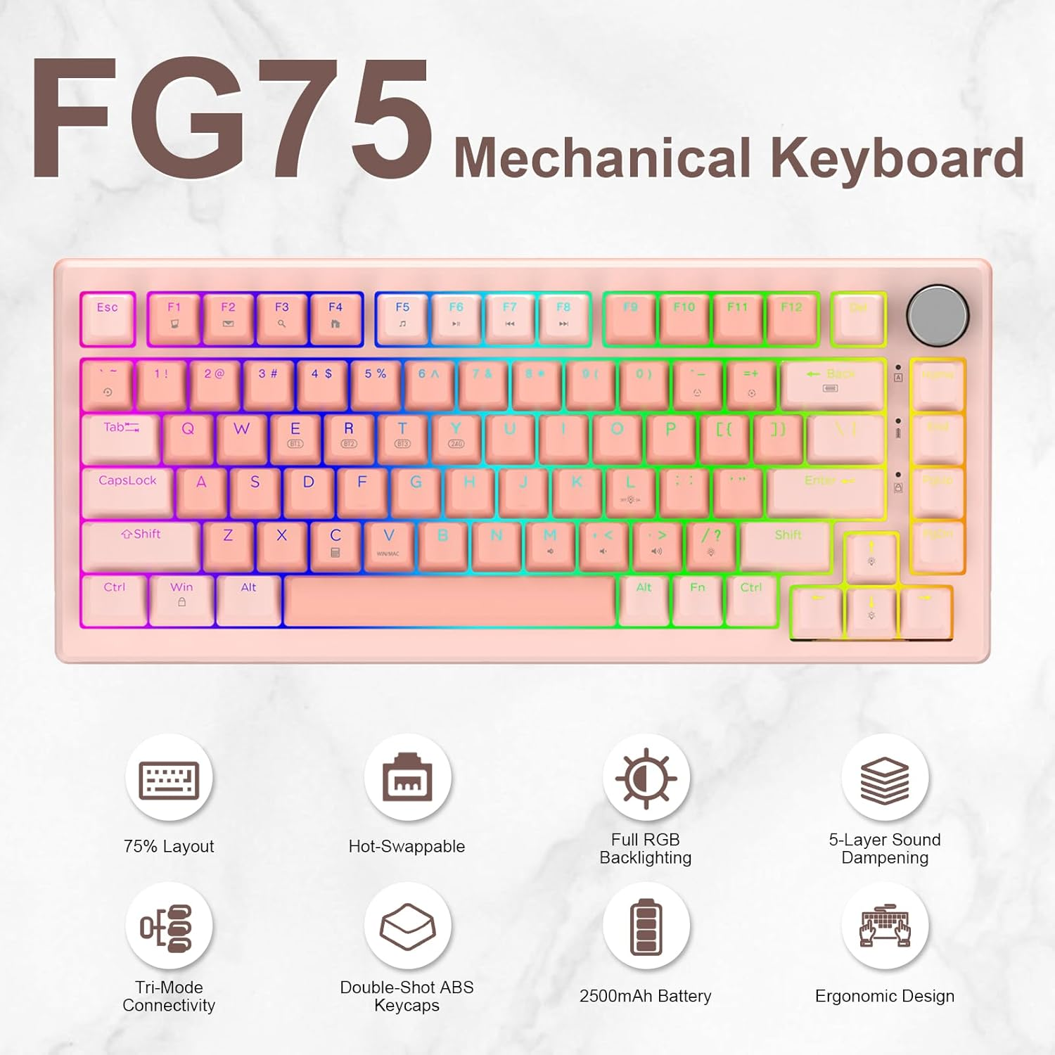 FG75 75% Wireless Mechanical Gaming Keyboard with Knob - Hot Swappable, Gasket Mount, Pre-Lubed Switches, RGB Backlit, PBT Keycaps, Bluetooth/2.4Ghz/Usb-C for PC (Pink) image number 6