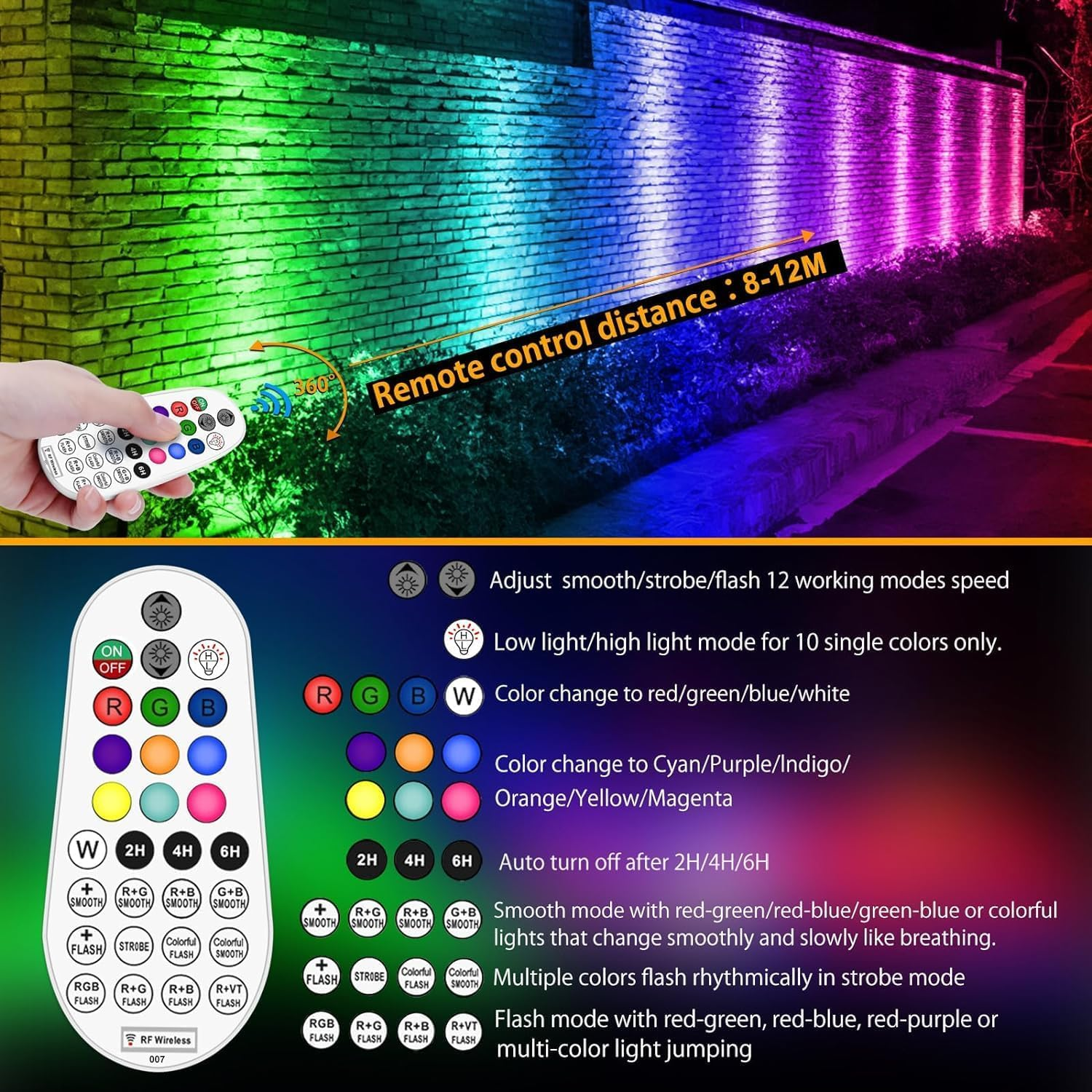 Meihua Solar Spotlights 3 in 1 with Remote Control RGB Outdoor Landscape Light IP66 Waterproof Garden Light 10 Colors 12 Modes with Timer Memory Funtion for Gardens Statue Pathway Patio