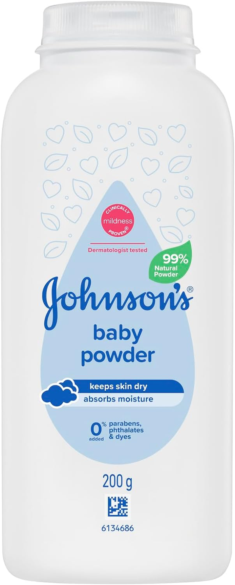 Johnson&rsquo;S Baby Pure Cornstarch Moisture Absorbing Baby Powder 200G|99% Natural, Plant-Based Cornstarch |Keep Skin Dry & Soft, Preventing Heat Rash and Chafing|Suitable for Both Adults & Babies