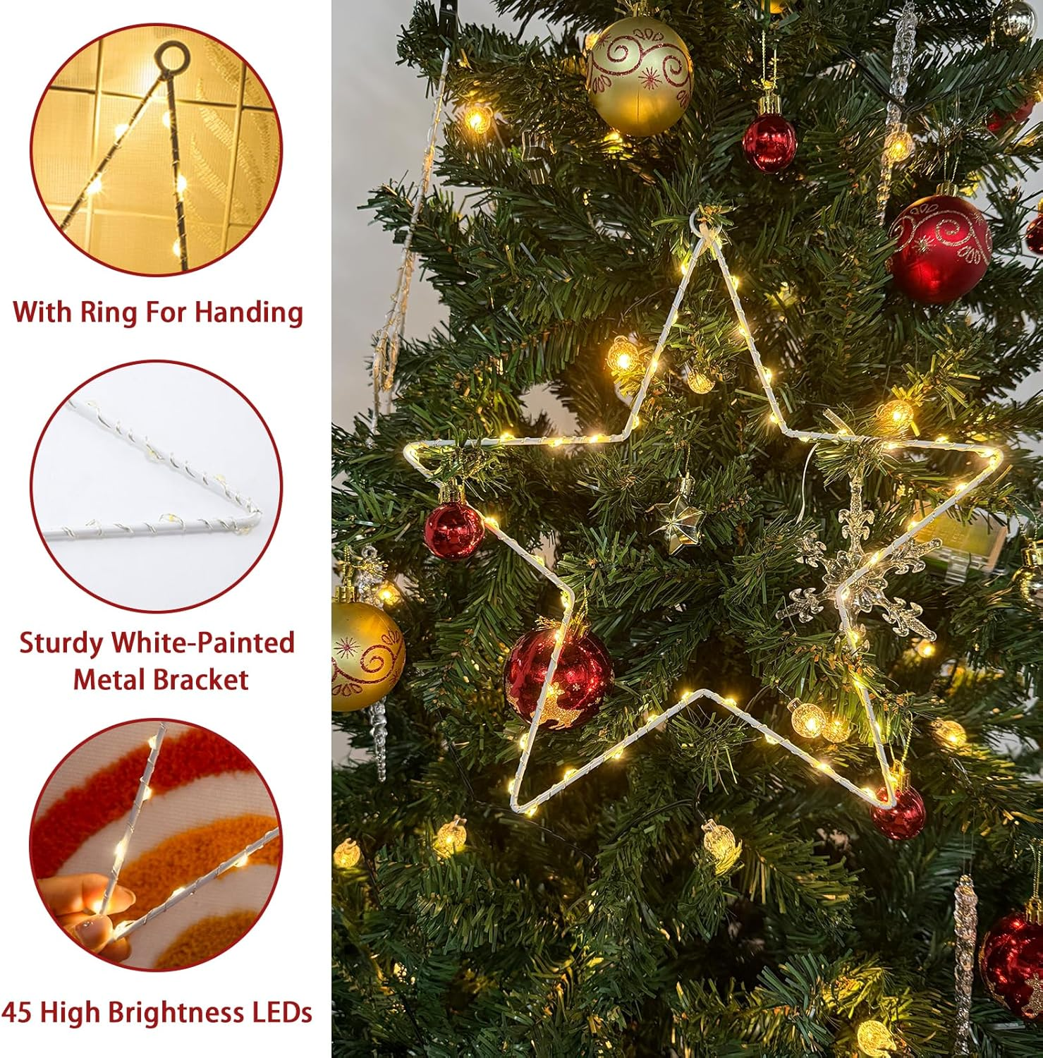 Hopelit Pack of 3 LED Star Window Decoration Hanging 45 LED Warm White Christmas Lights Window Battery Operated 8 Modes IP44 Waterproof Christmas Decoration Window Light Curtain - Star