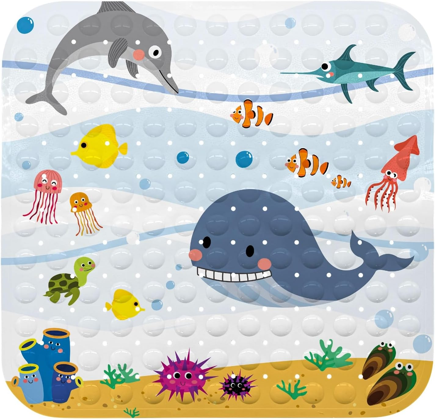Square Non-Slip Bath Mat for Tub & Shower, 54X54 Cm (21"X21") Soft PVC Floor Mat with Drain Holes, Quick-Dry Antibacterial Bathtub Safety Mat for Kids, Elderly, Adults，Machine Washable（Dolphin Design） image number 2