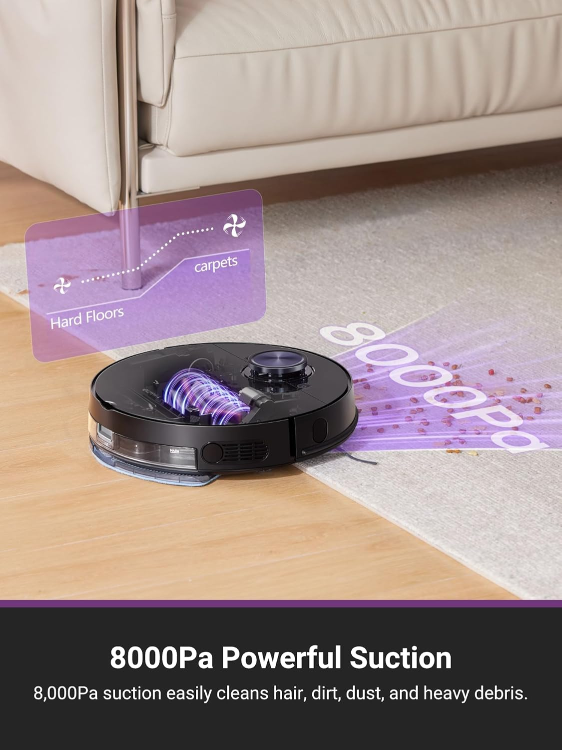 EUREKA NER710 Robot Vacuum Cleaner and Mop with 8000Pa Suction, 5Th-Gen LDS, Multi-Floor Mapping, 180 Min Runtime, 3 in 1 Robotic Vacuum Cleaner for Pet Hair, Carpet, Hard Floors, Work with App/Alexa image number 4