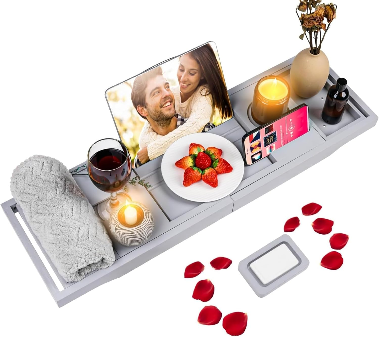 Bathtub Caddy Tray for Tub, Premium Expandable Bamboo Bath Tub Tray Table with Wine Glass Holder Book Phone Tablet Holder, House Warming Gifts, Anniversary and Wedding Gifts (Grey)