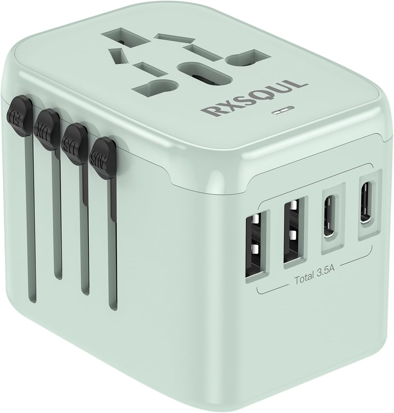 Universal International Power Travel Plug Adapter, 5 in 1 European Travel Plug Adapter W/ 3.5A 2Xusb-A and 2Xusb C Wall Charger and Worldwide AC Outlet for Europe USA Japan UK AUS Asia-Green