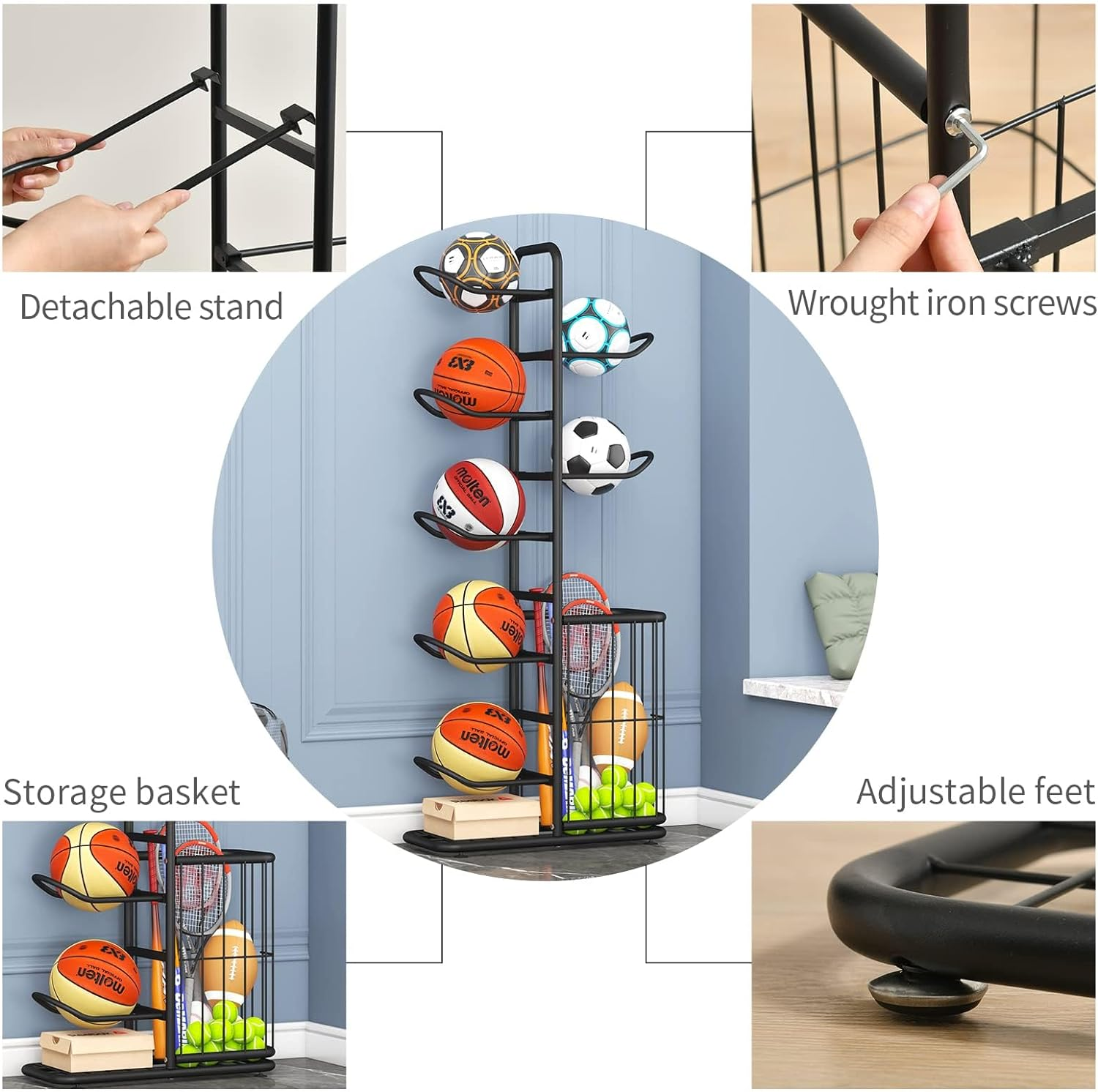 Ball Storage Rack, Football Stand, Ball Storage Garage, Ball Holder, Sports Equipment Storage for Garage, Basketball Organizer Rack with Basket, Toy/Sports Gear Storage Indoor (7 Balls with Basket) image number 3