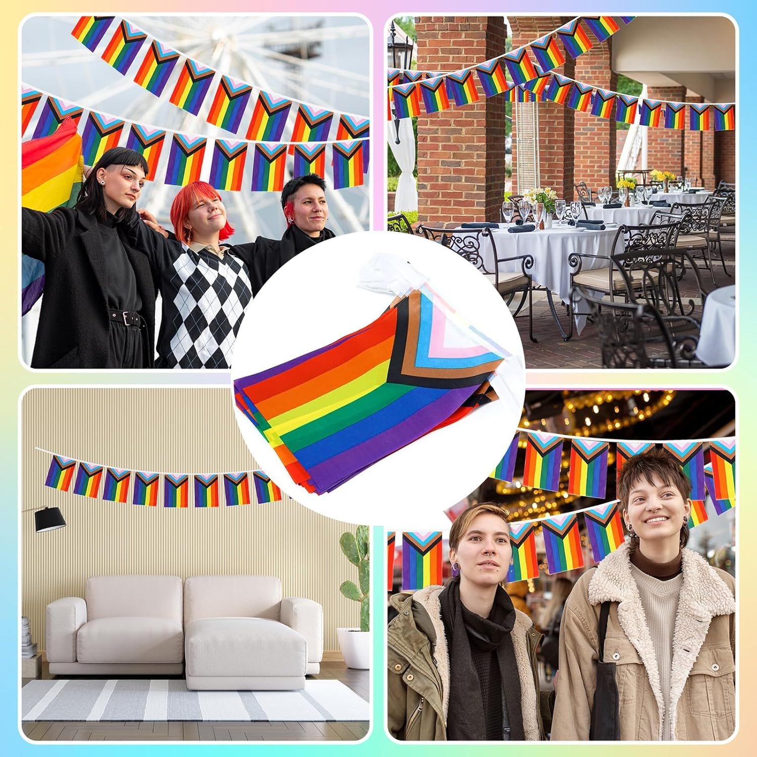 38Pcs/50Feet Progress Pride Flags Banner, LGBTQ Pride Rainbow Bunting with String for Garden Bar, Pride Banner Decorations for Outdoor Indoor Party Decoration Celebrating Month Events - Mixed Rainbow Flags X 1 image number 7