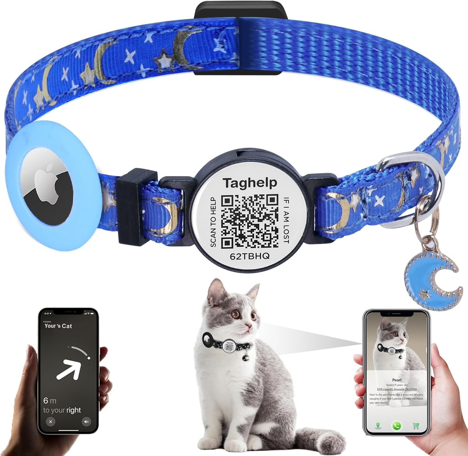 Stars and Moon Airtag Cat Collar with Airtag Holder,Air Tag Cat Collar for Apple. Solid & Safe, Pet Collar, Breakaway Cat Collar, QR Code Cat ID Tags - Pet Online Profile(Blue) image number 3