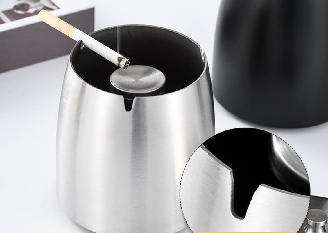 Large Stainless Steel Ashtray Smokeless, Odorless Thickened Windproof Ashtray with Lid, Portable Ashtray for Home Office Tabletop outside Patio Outdoor Balcony -Black image number 2
