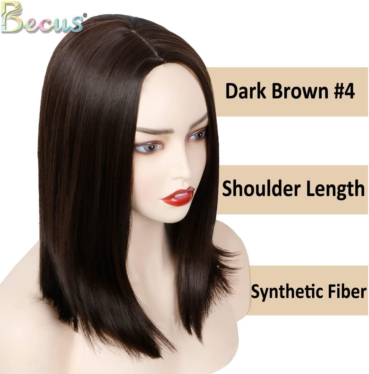 BECUS Short Brown Wigs for Women Shoulder Length Straight Bob Wig Synthetic Hair Wig image number 3