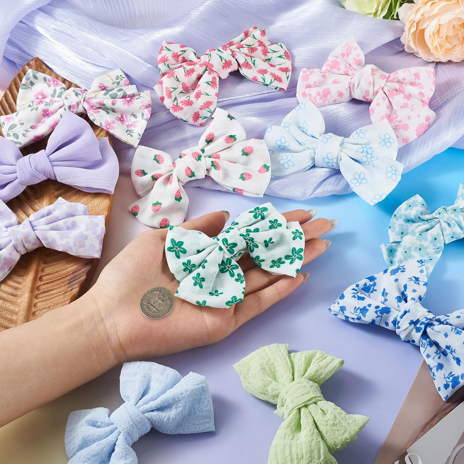 Cheriswelry 12Pcs Alligator Bow Barrettes 12 Colors Flower Strawberry Pattern Bowknot Barrettes Ribbon Bow Hair Clips for Women and Girls Decorative Accessory image number 2