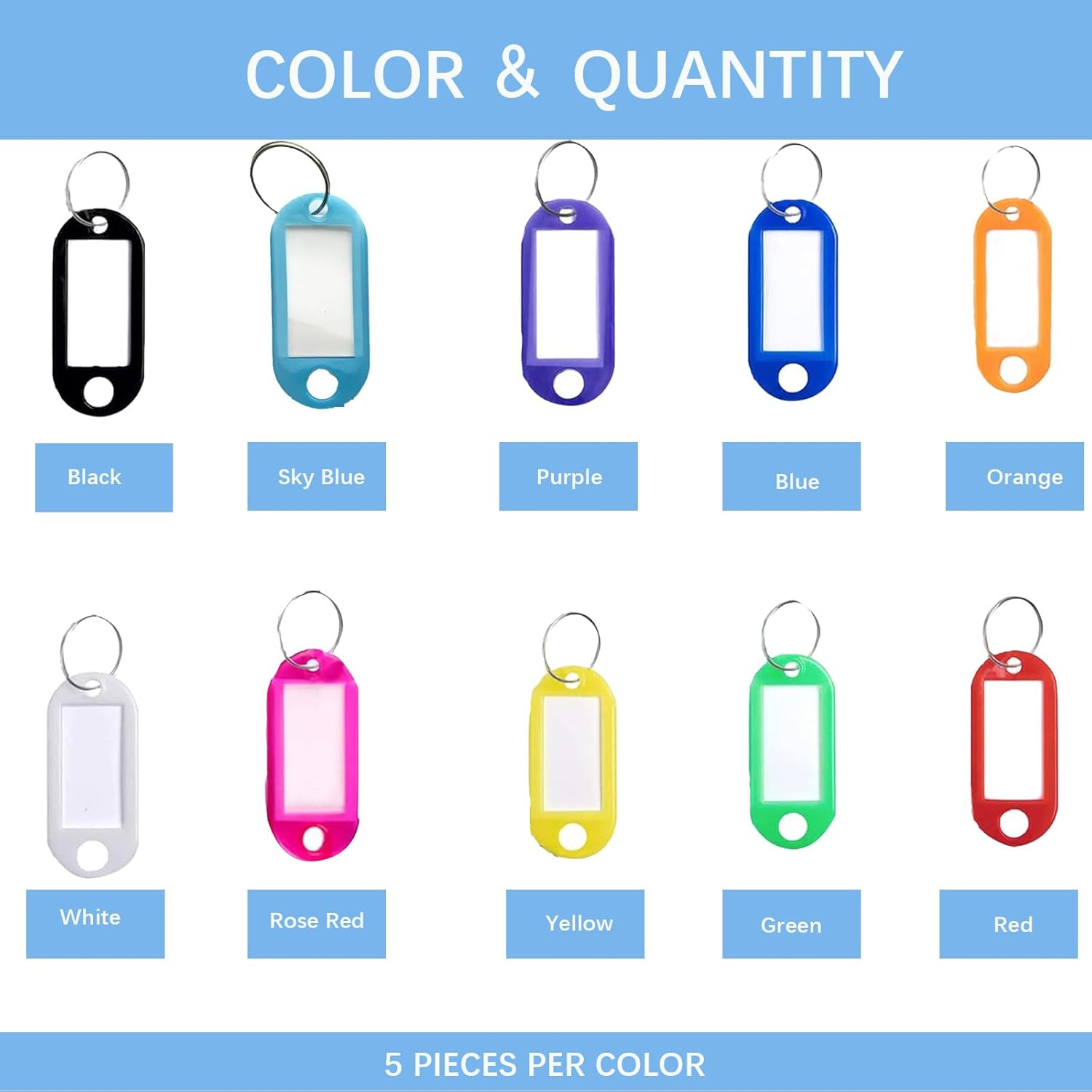 50 Pcs Plastic Key Tags, 10 Color Identifiers Key Ring Tags Chain,Label for Name,Office Key Labels for Luggage,Pets