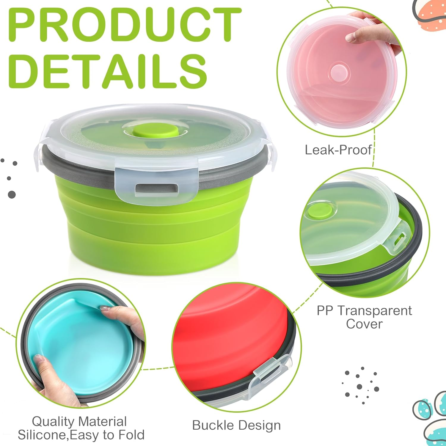 Suclain 4 Pcs Camping Bowl with Lid Collapsible Silicone Bowl Lunch Box Salad Bowl Expandable Food Storage Container Set Folding Travel Bowl for Hiking Heat (Red, Pink, Blue, Green,17, 12, 41, 27 Oz) image number 1