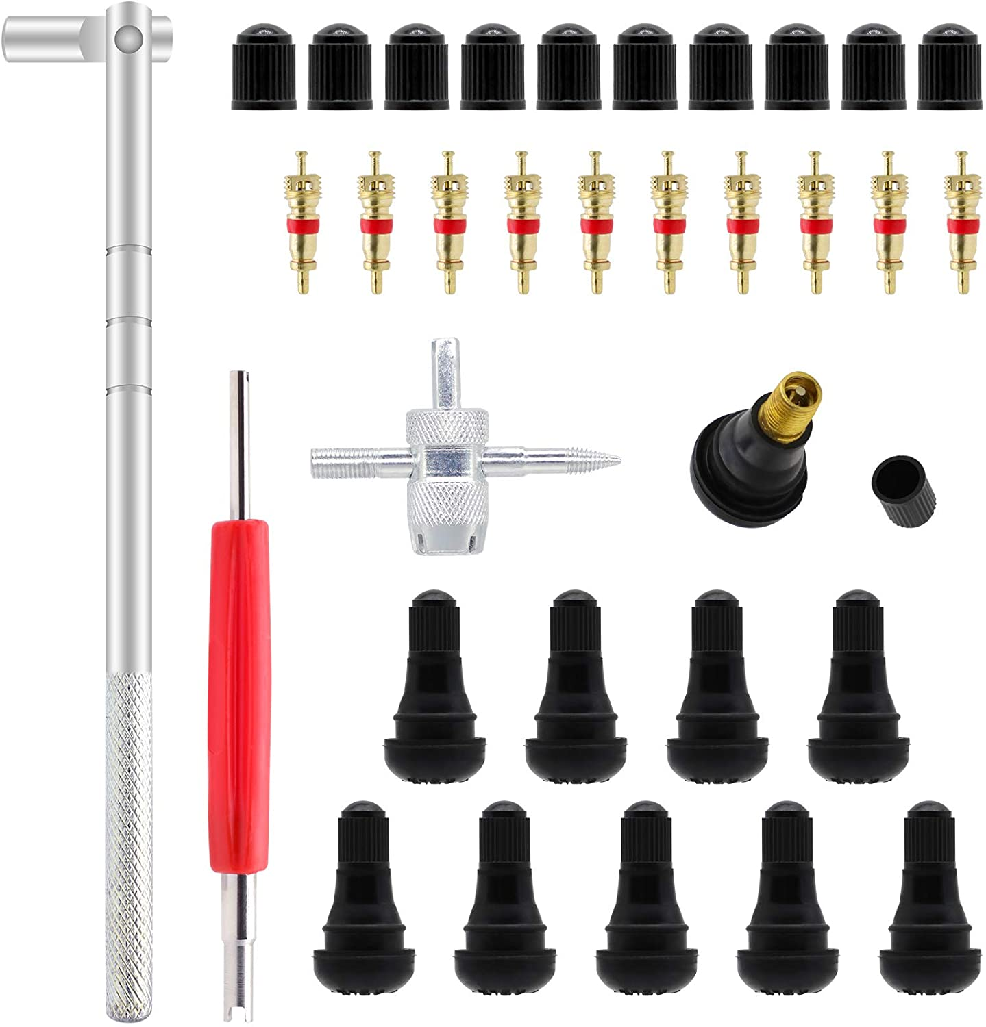 Valve Core Tool Set with 20Pcs Valve Cores 10Pcs Tire Valve Caps 5-Way Valve Tool Dual Single Head Valve Core Remover Tire Repair Tool 6