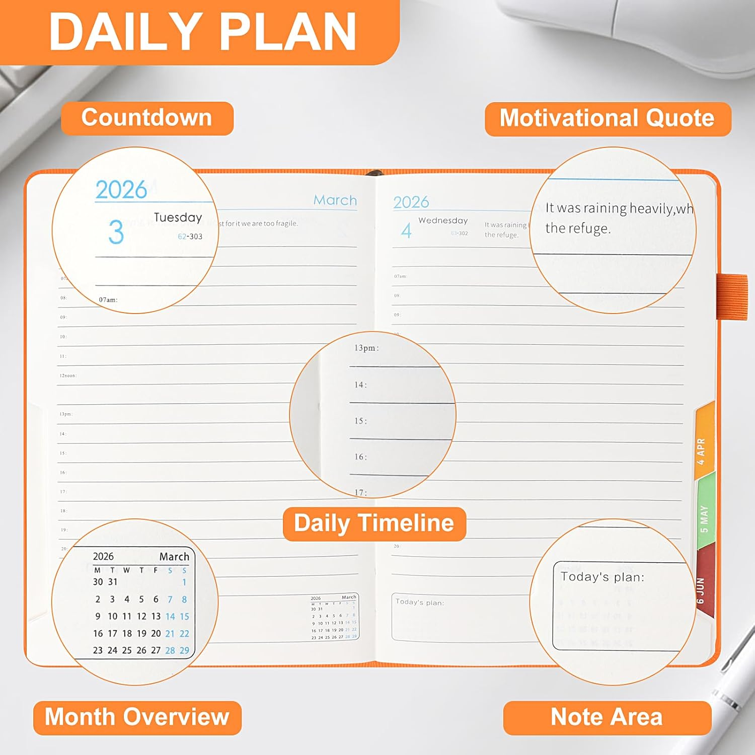 JUNART 2026 Academic Diary A5 Daily Planner from Jan. 2026-Dec. 2026 Weekly & Monthly Diary,Schedule Planner,Teacher Planner with Elastic Strap Pen Loop(Orange) - Green-2026 image number 3