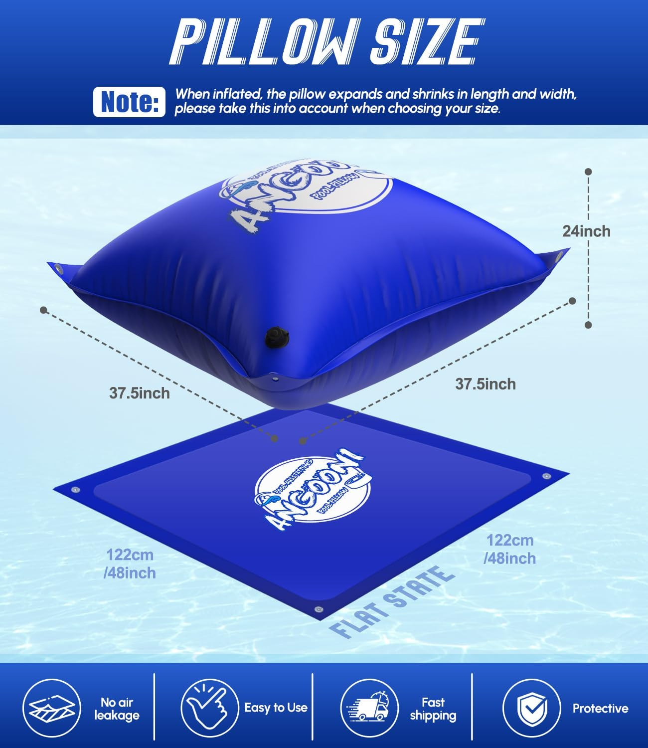 4&rsquo;X4&rsquo; Heavy-Duty Pool Pillow with 4X20Ft Ropes - 0.4Mm Thick PVC Pool Pillows for Winter with Boston Dual-Inflation Valve, Cold-Resistant Pool Pillows for above Ground Pools, No Leakage image number 2