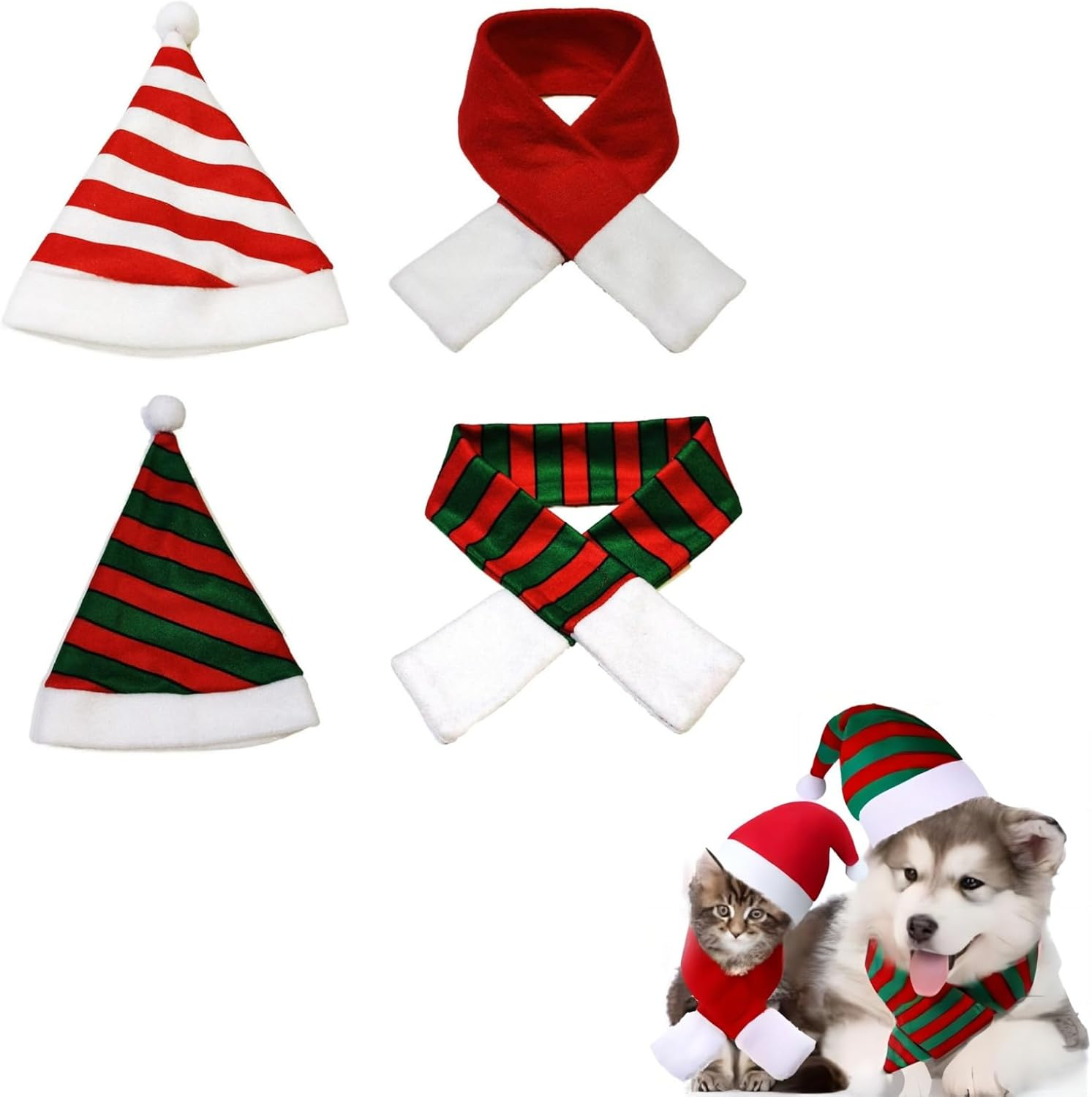 PLUSHCEWT Pack of 4 Pet Christmas Costume Mini Christmas Hat and Scarf Dog Cat Christmas Accessories Christmas Costume for Cats and Small Dogs Christmas Party Cosplay Accessories image number 3