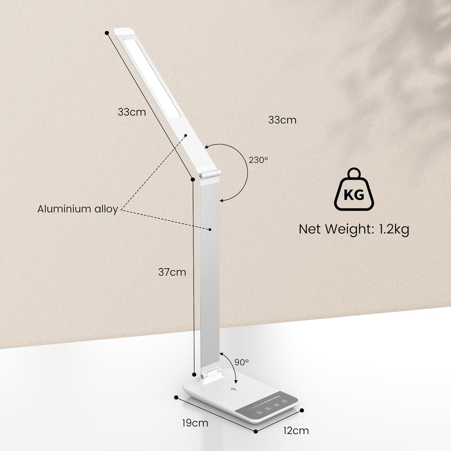 LED Desk Lamp with Wireless Charger, USB Charging Port, Dimmable Eye-Caring Desk Light with 5 Brightness Levels & 5 Lighting Modes, Touch Control, Auto Timer (White) image number 5