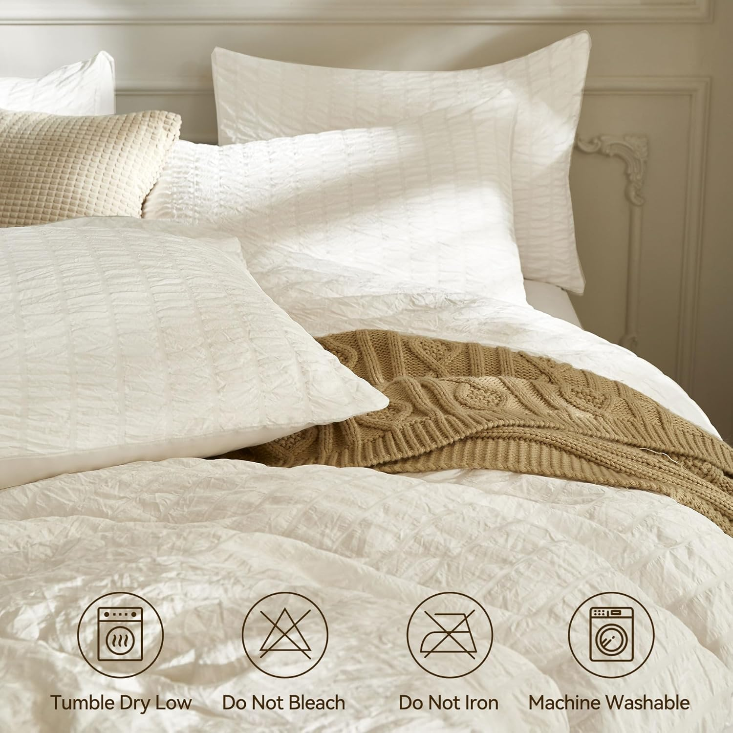 JELLYMONI White Duvet Cover Queen Size, 3Pcs Washed Microfiber Bedding Set, Soft Breathable Seersucker Duvet Cover Set with Zipper Closure and Corner Ties for All Seasons image number 4