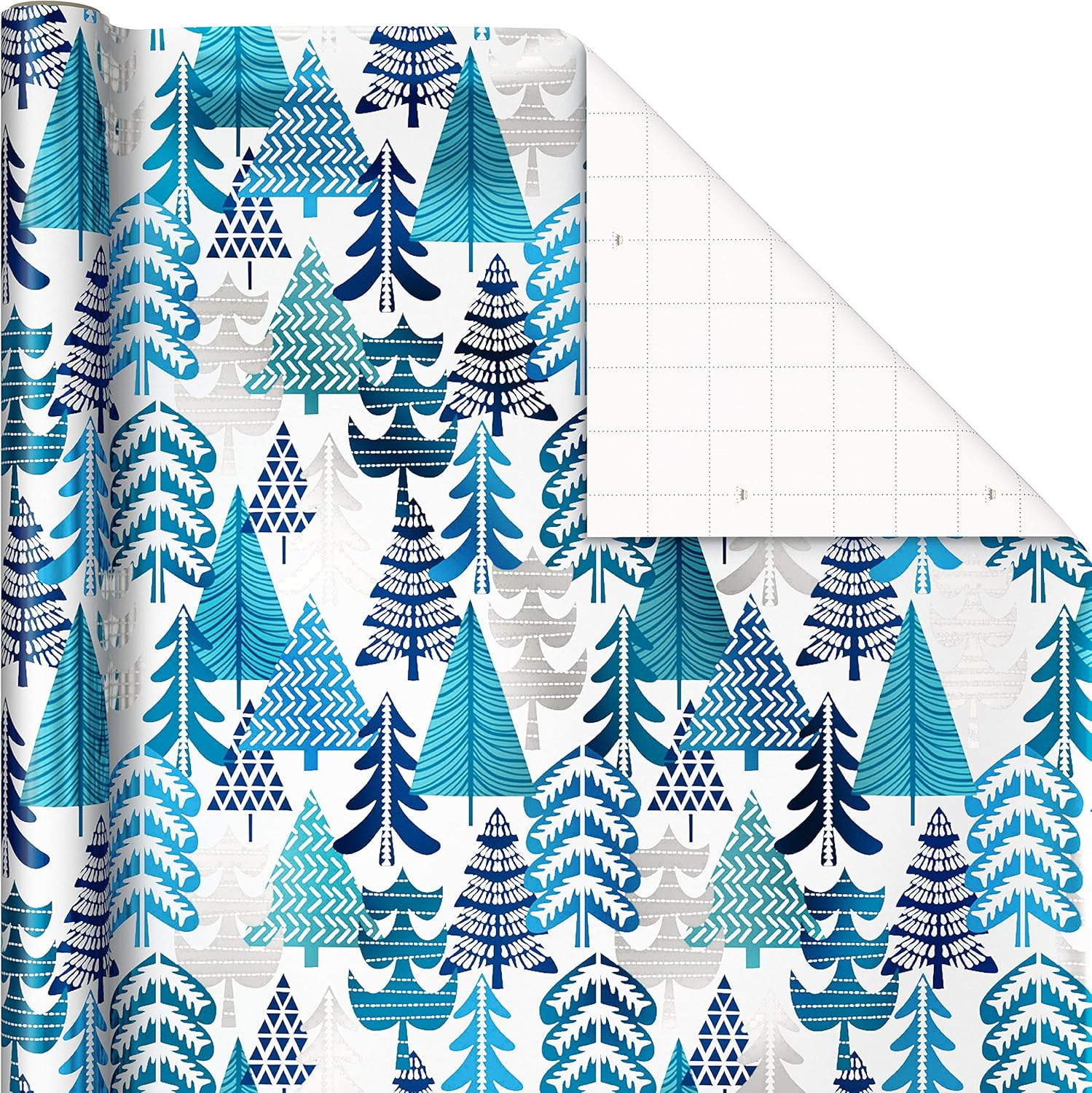 Hallmark Blue Foil Christmas Wrapping Paper with Cut Lines on Reverse (3 Rolls: 60 Sq. Ft. TTL) Snowmen, Snowflakes, Christmas Trees image number 5