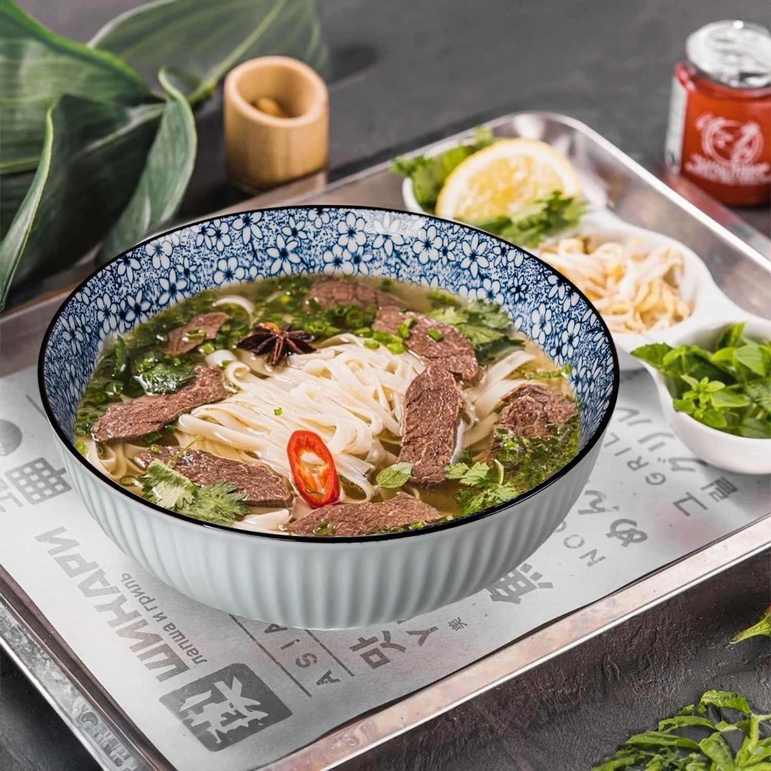 8 Inch Japanese Ramen Bowls Set of 3, 60 Oz Large Soup Bowl, Pho Bowls, Blue and White Porcelain Big Bowls for Eating, 3 Mixing Patterns