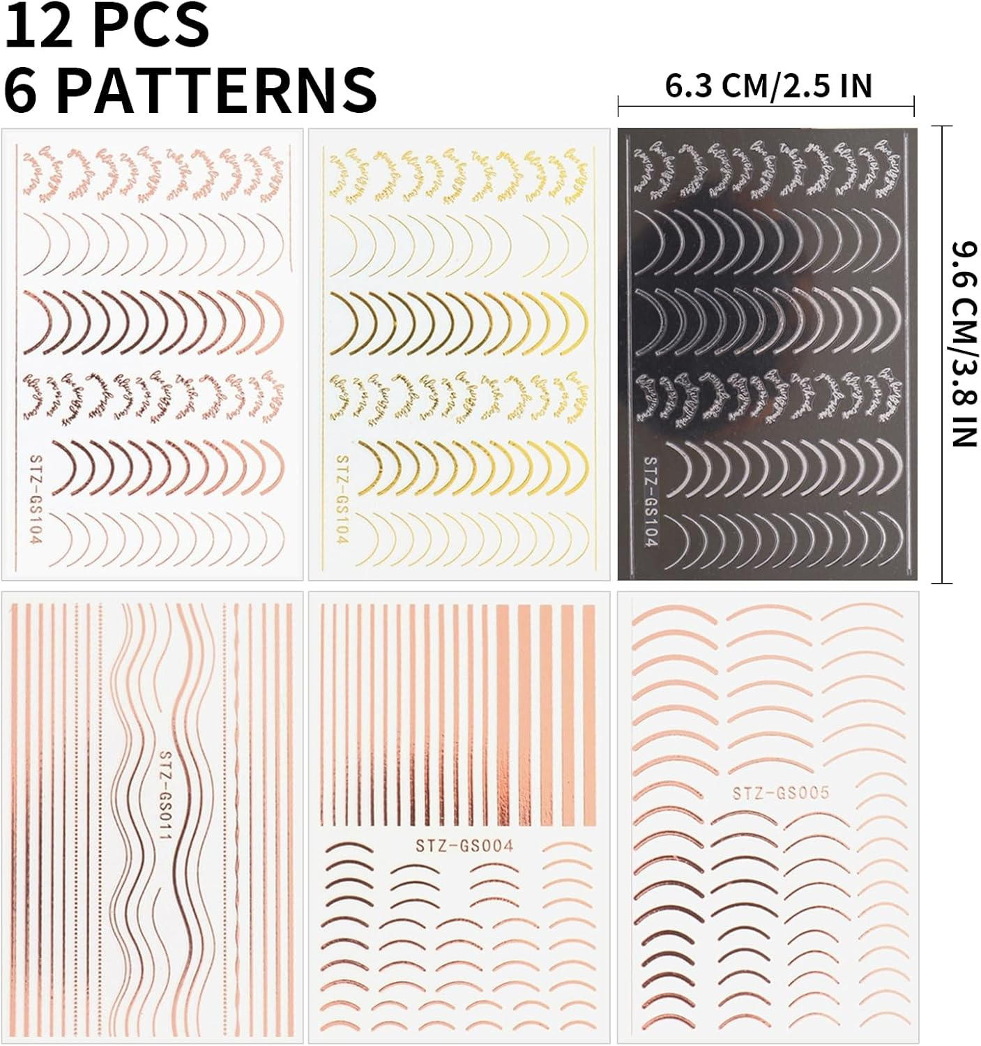12 Sheets Line Nail Art Stickers, Rose Gold & Silver Metallic Self-Adhesive 3D Curve, Stripe, Wave Decals, French Nail Designs, Nail Art Supplies for Women & Girls image number 5