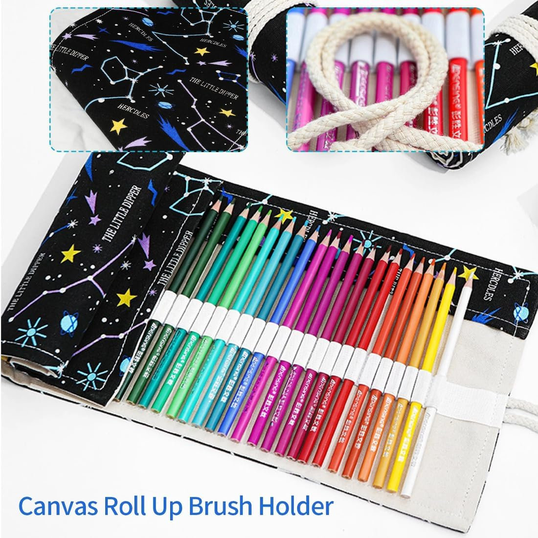 RGZD Canvas Roll up Pencil Case with 24 Compartments for Colored Pencils, Ideal for Sketching, Drawing and Writing, Night Sky Design, Colour