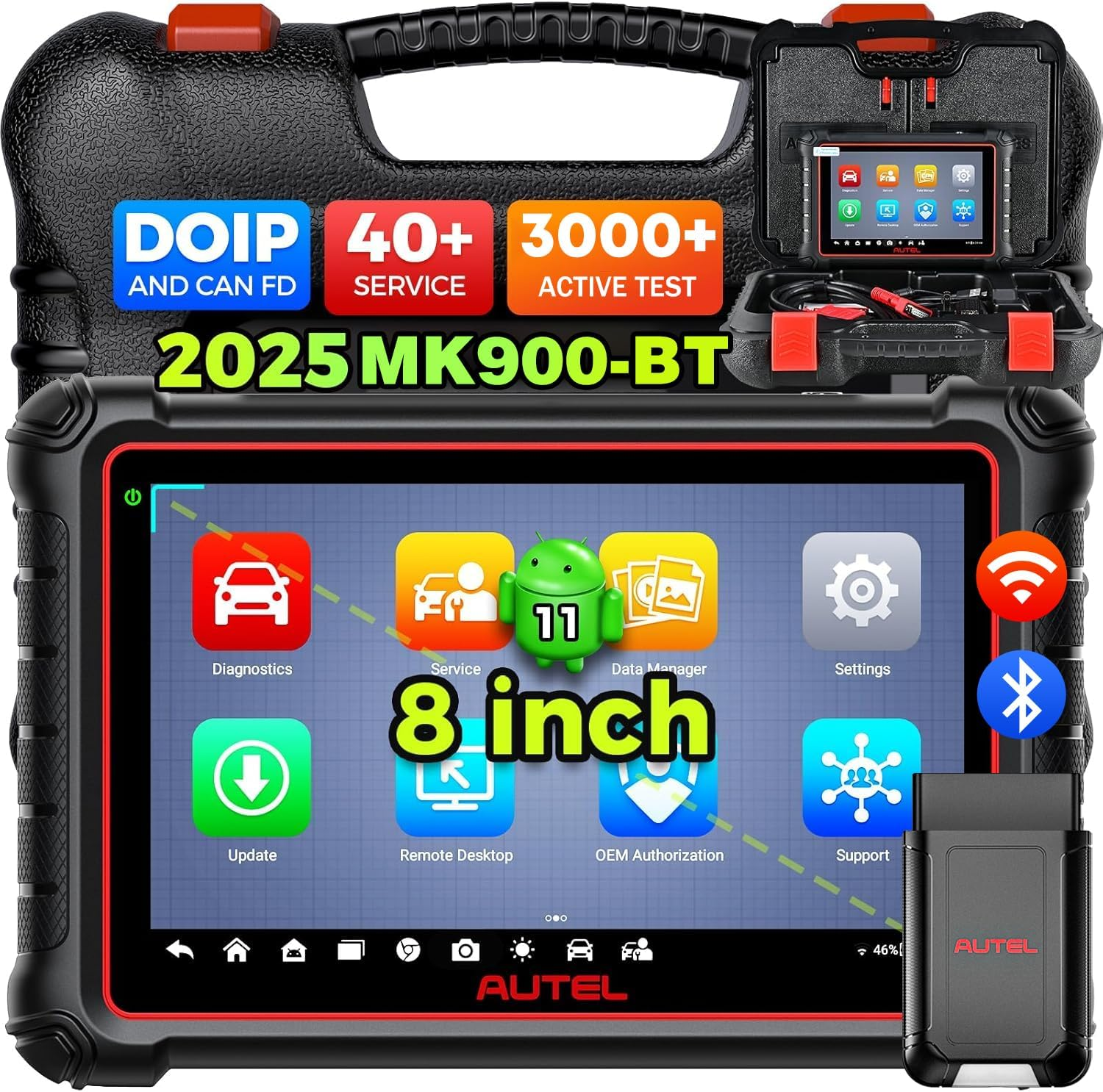 Autel Scanner Maxicom MK900BT, 2025 MK900-BT V2.0 Bidirectional Diagnostic Tool, 8In up of MK900 MX900 MK808S MK808BT MX808S MK808Z, 3000+ Active Tests, 40+ Service, CAN-FD&DOIP, All System, FCA 11 OS image number 2