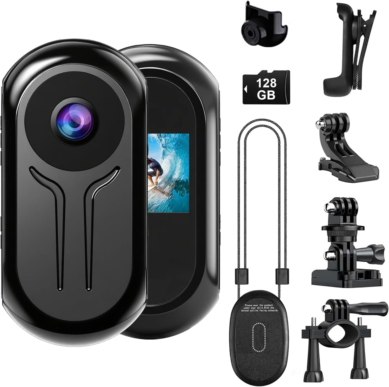 360 Action Camera with 128 GB Card, Mini Action Bodycam Night Vision with 0.85" Screen, Magnetic 1080P Motorcycle Helmet Camera, POV Vlog Body Video for Cycling and Travel-Black image number 1