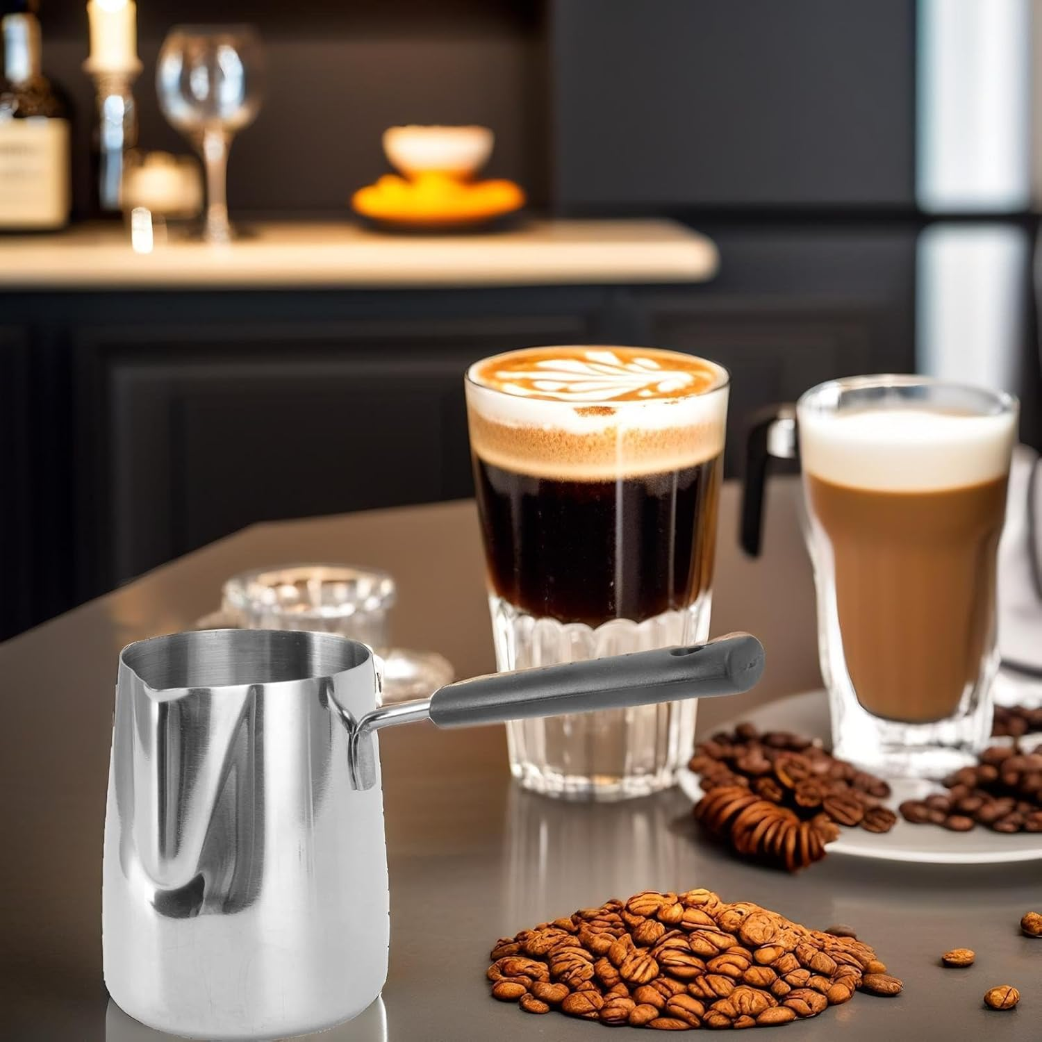 Turkish Coffee Pot, 600Ml/20Oz Stainless Steel Coffee Warmer Pot Butter Warmer Milk Warmer Pot Turkish Tea Pot Espresso Coffee Decanter Mini Saucepan with Spout Milk Pot